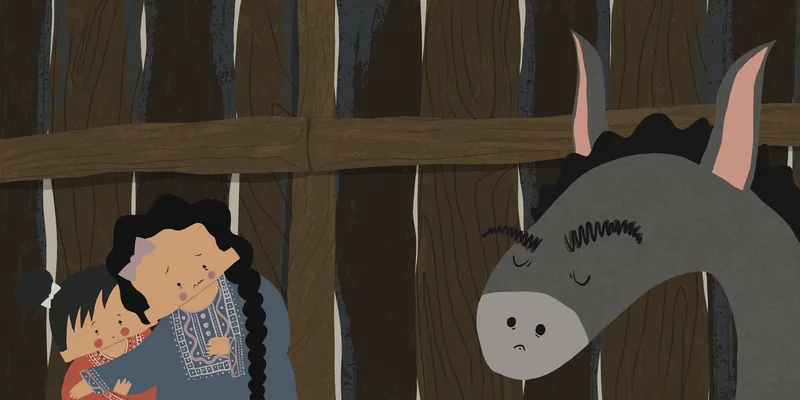Picture-book spread of Bahloul the donkey in a warm Egyptian setting