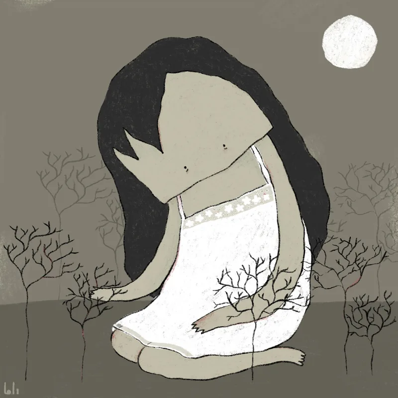 A figure in a white dress with long dark hair sits among thin bare shrubs beneath a small moon, in muted greens and greys