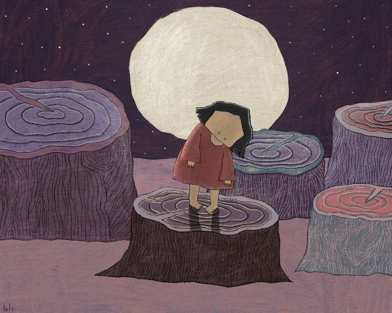 A girl in a red dress stands on tree stumps beneath an enormous harvest moon, in purples and pinks