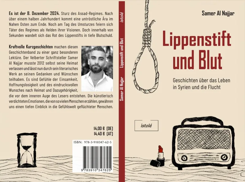 Minimalist cover illustration for Lippenstift und Blut with a red lipstick accent