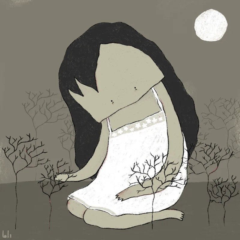 A girl in white bows her head beneath a full moon among bare trees, in muted greys and greens
