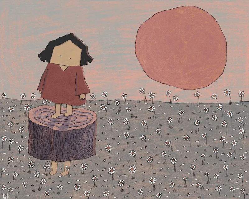 A girl in a red dress stands barefoot on a cut tree stump in a field of daisies, beneath a huge red sun