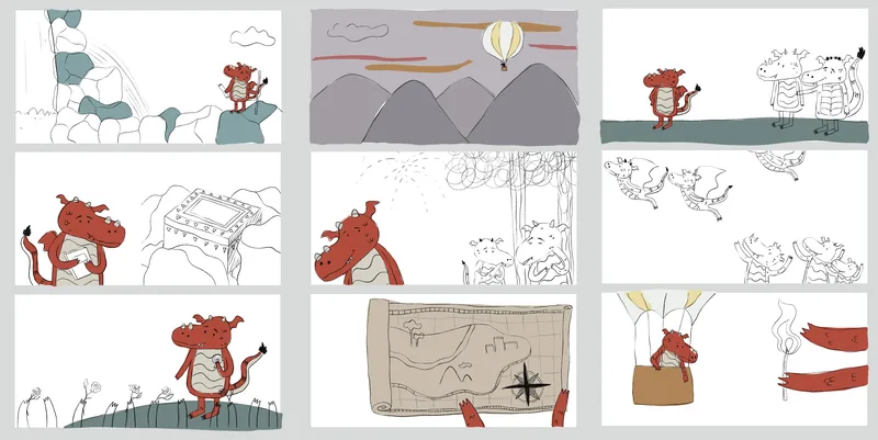 Storyboard 1 for The Dragon Shaddad, planning the flow of the spreads