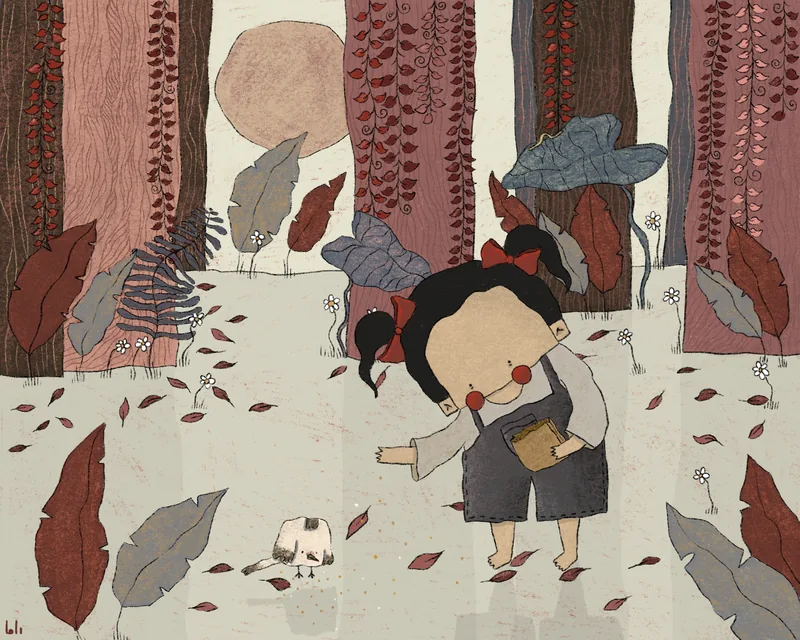 A girl meets a sparrow in a densely detailed forest of red trees