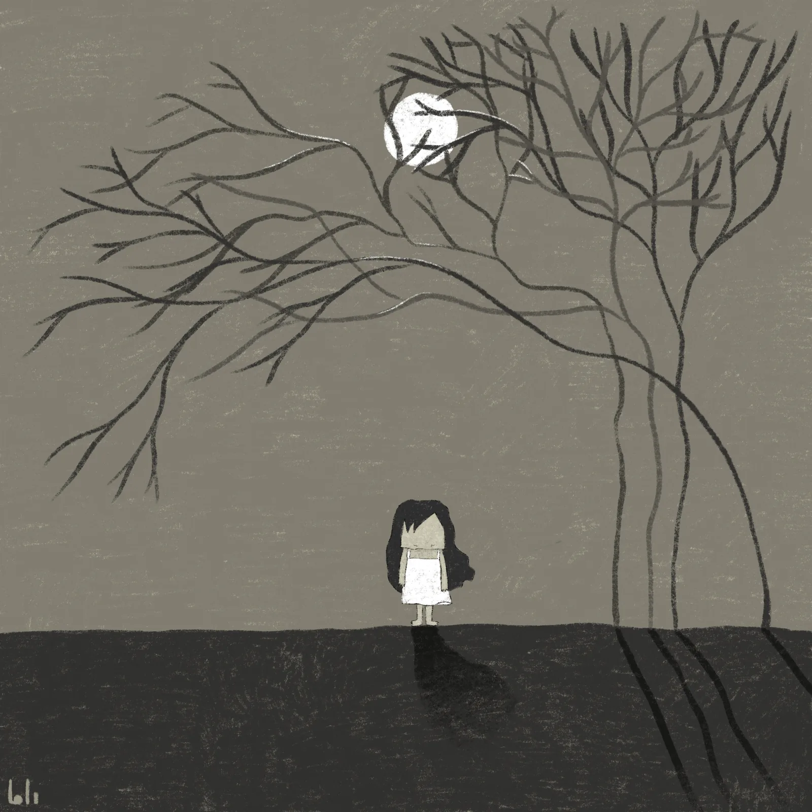 First muted grey-green illustration from the On Loneliness and Anxiety series
