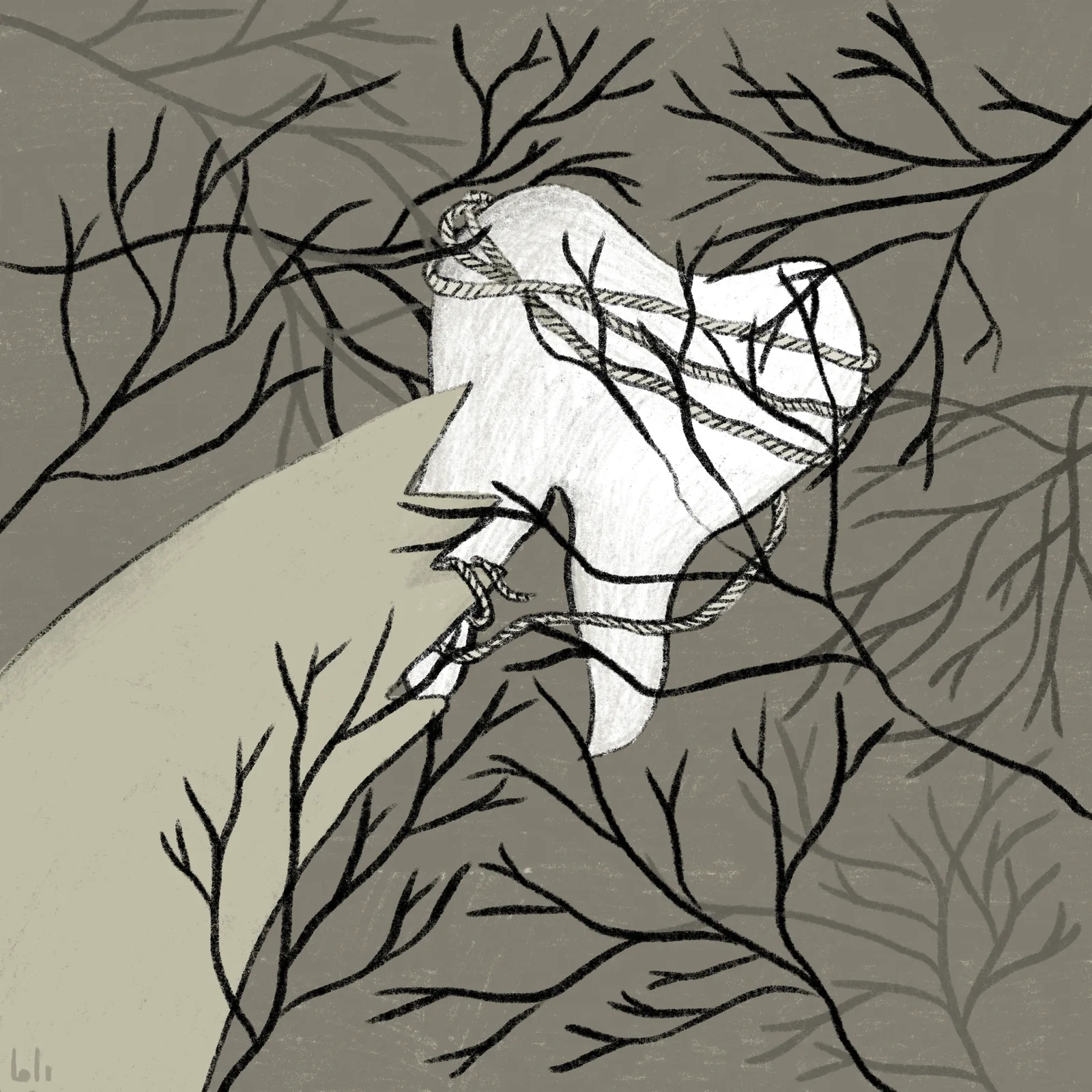 Second muted grey-green illustration from the On Loneliness and Anxiety series