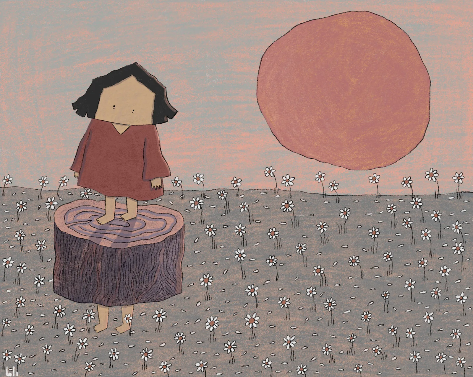 I'm a Moving Tree — a girl stands on a cut tree stump among daisies under a vast red sun