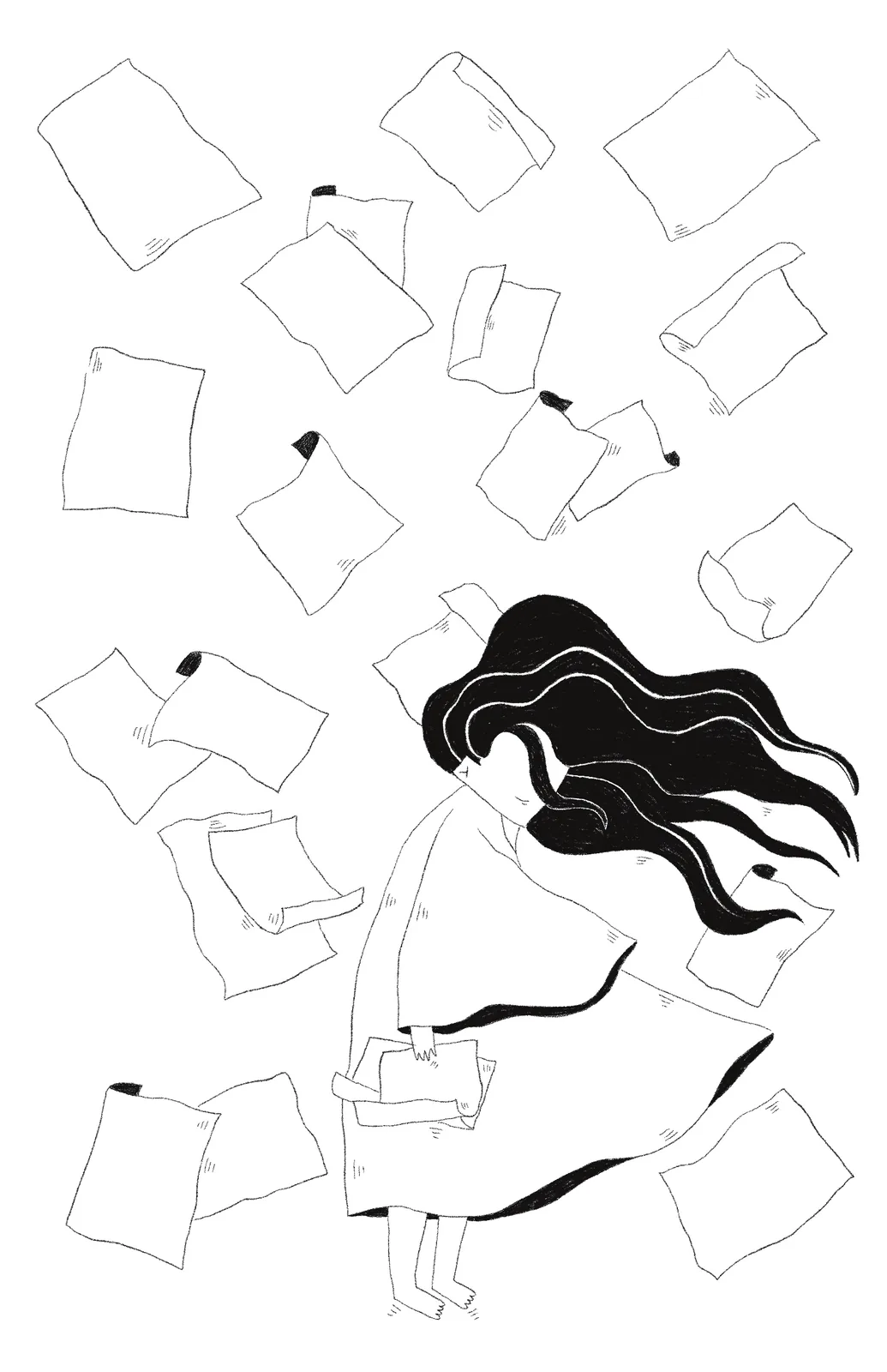 Black-and-white ink illustration 10 from Poetic Fragments, of scattered pages