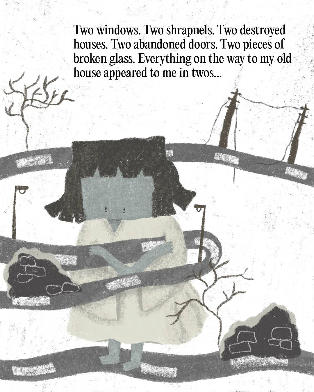 Panel 2 from While in Exile, part of the Syria Reimagined series, in soft grainy grey with green markers